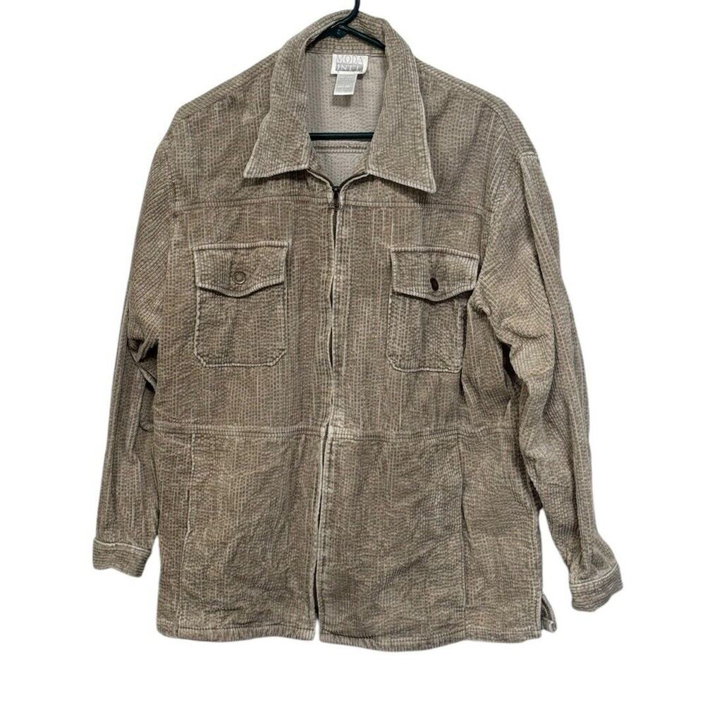 Moda International Large Women Corduroy Long Sleeve VTG Zip Up Jacket Tan READ